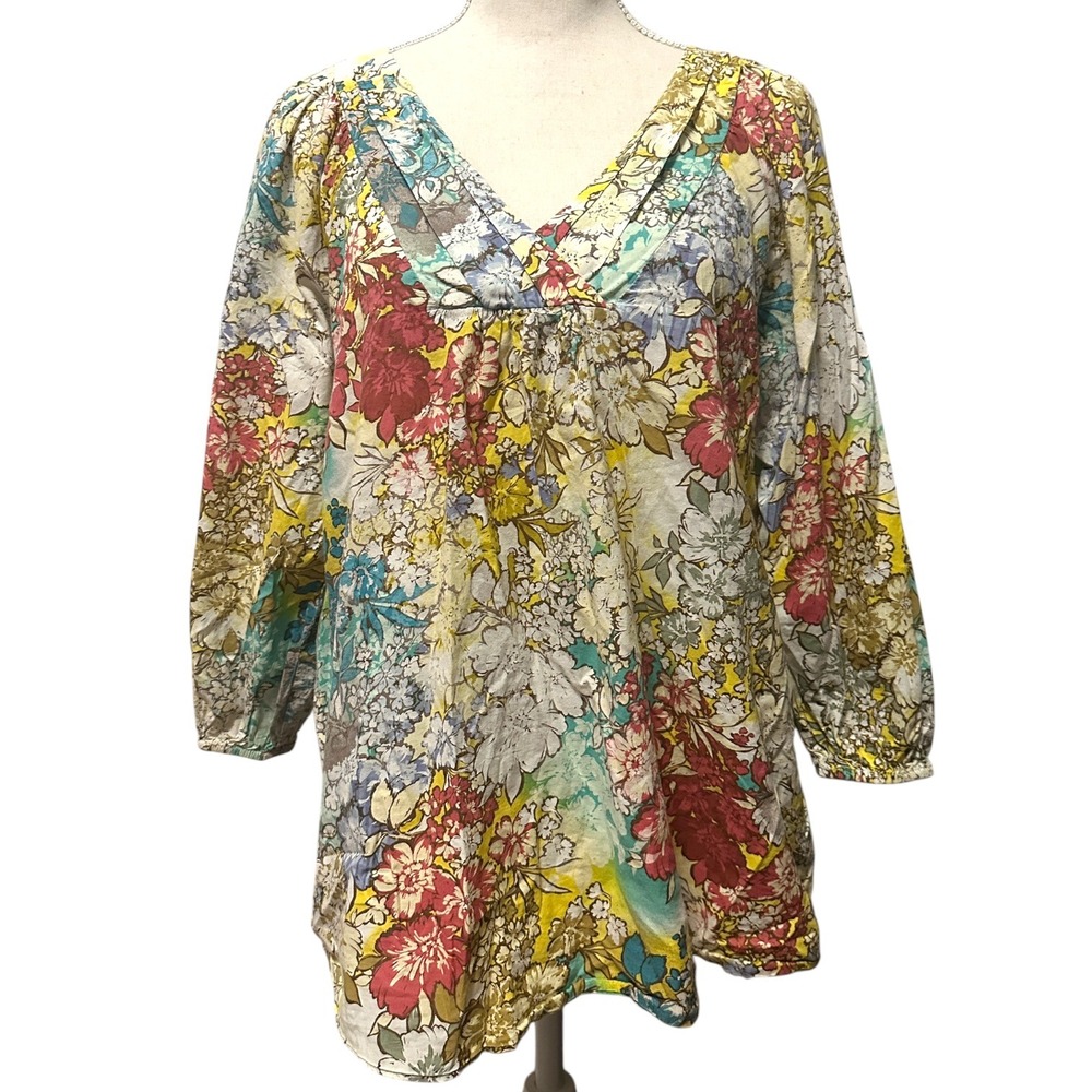 Sundance Yellow Multi Floral Cotton V-Neck Tunic Top Size M Boho Hippie Cottage